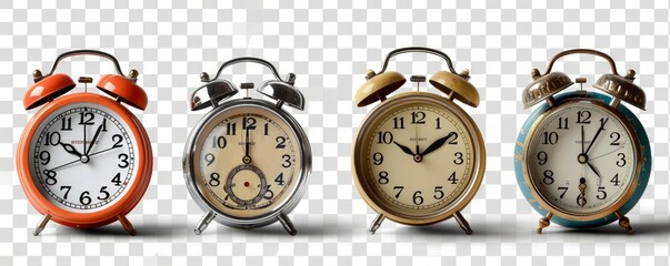 collection Set of retro vintage and modern stylish bedside alarm clocks and wall clocks png - Generative AI