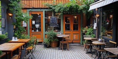 Fototapeta na wymiar The cozy ambiance of outdoor cafe a charming coffee 