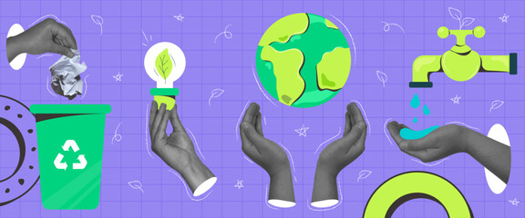Save the world concept.Set of hands holding different objects as metaphor for green industry and sustainability. Different abstract shapes.Sustainable lifestyle and climate change concept.Vector