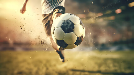 Soccer player striking ball with force.