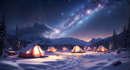 camps on top snow mountain in the night