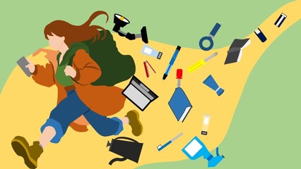遅刻しそうで走って目的地に向かうもたくさん落とし物をしてしまう女性のイラスト