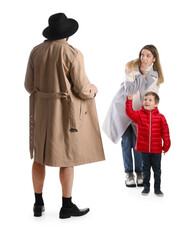 Exhibitionist exposing naked body under coat in front of mother with child isolated on white