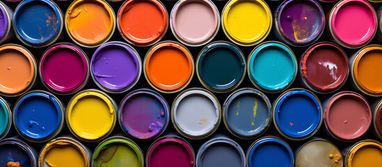 Colorful Array of Paint Cans Top View, Artistic Creativity and Home Improvement Concept