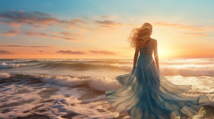 blonde woman wearing light blue dress walks on the beach , generated by AI - Powered by Adobe