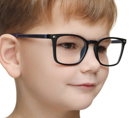Little boy with glasses on white background, closeup