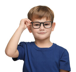 Little boy with glasses on white background