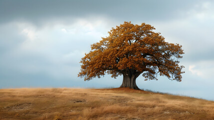A solitary ancient oak on a windy hill in the autumn