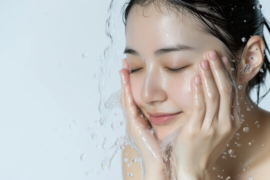 洗顔をしている女性、美容広告のイメージ