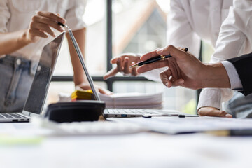 Business Strategy Analysis and Investment Planning Discussion. Businesspeople meeting with colleagues, brainstorming, planning new business projects and corporate collaboration.