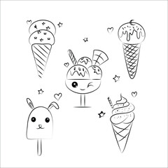 Hand drawn doodle with different ice cream types: waffle cone, cup ice cream, popsicle, sundae. Sketch style for cafe menu, card, birthday card decoration.