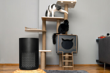 air purifier in the area with pets or cat. Air Pollution Concept. Air purifier, filters out...