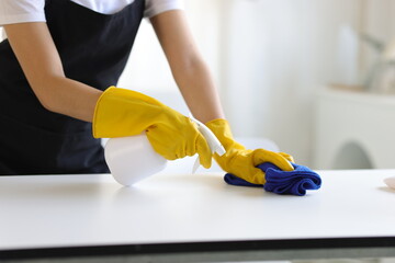 A young woman wearing an apron is cleaning a table in her home office using disinfectant and a wipe.