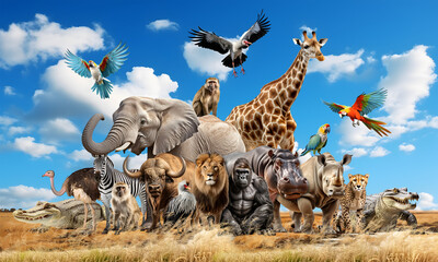 African savanna animals group, african cheetah, african buffalo, hippopotamus, african rhino, giraffe, baboon monkey, ostrich, zebra, colimajaro, 