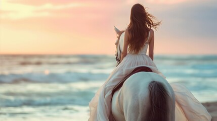 Rearview photography of a bride riding on a white domestic horse animal, woman in white wedding dress on the sand beach during the golden hour sunset sky with clouds, ocean or sea waves
