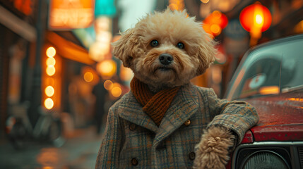 An anthropomorphic Bichon Frise, dressed like a gentleman in a suit and tweed coat