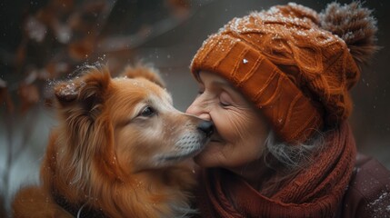 old woman kisses her dog