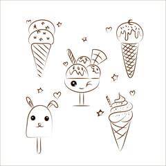 Ice cream . Collection of ice cream in a cup, in a waffle cone and popsicle in doodle style. 