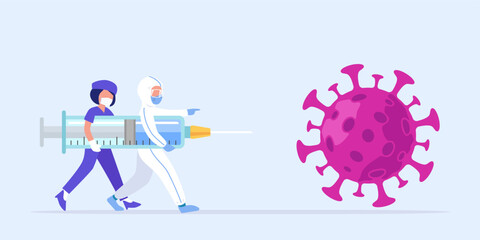 Professional medical worker together fight against COVID-19 with big vaccine syringe to prevent outbreak, coronavirus prevention campaign with copy space background vector illustration - obrazy, fototapety, plakaty