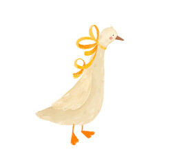 Cute little goose with a bow, Watercolor. Funny animal character illustrations for greeting card, invitation, banner, poster, textile