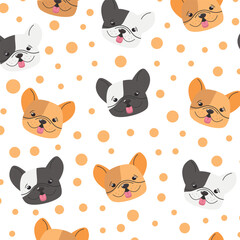 Seamless pattern with a happy french bulldogs. French bulldog puppies vector pattern.