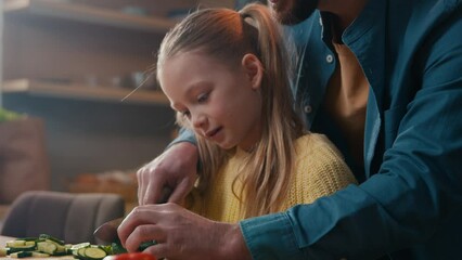 Caucasian family single dad parent fatherhood cooking vegan dinner together preparing vegetarian food loving father teach adorable kid girl child daughter teaching cut cucumber help cook at kitchen