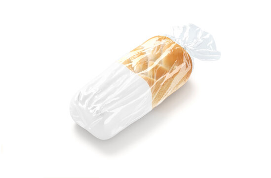 Blank bread in white transparent cellophane pack mockup, side view