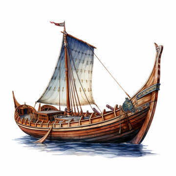 Ancient medieval viking boat ship, encyclopedia style on white background. 