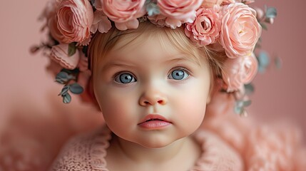 Fototapeta premium little girl in a wreath of pink colors flowers
