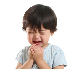 Portrait of a crying boy on a transparent background.