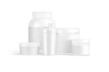 Blank white protein can, bottle and shaker mockup, front view