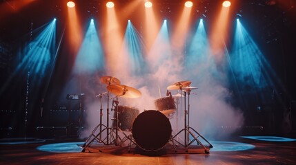 Futuristic modern drums on stage with colored smoke and lighting background.AI generated image