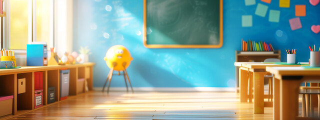 classroom bathed in sunlight with colorful decor, educational materials, and child-friendly furniture.
 - obrazy, fototapety, plakaty