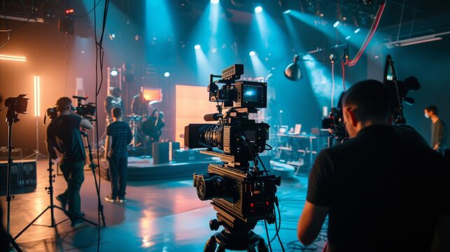 Behind the scenes of video shooting production crew team and professional camera equipment in studio.