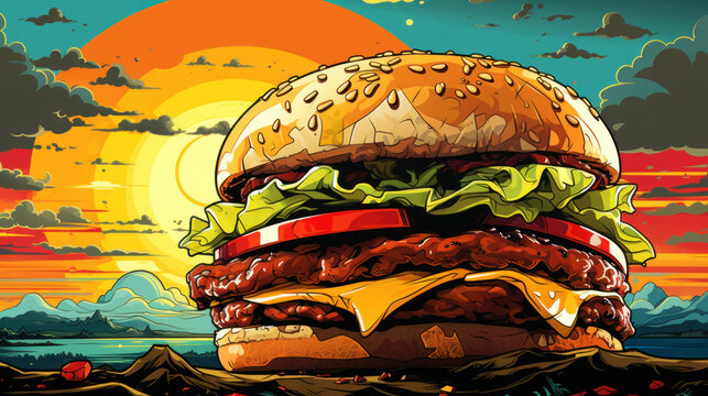 Paper tablecloths with the image of a burger in the style of pop art. Vintage color background. Generative AI