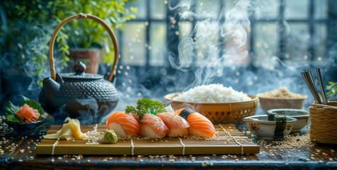 A tranquil sushi meal set with steaming rice and a traditional iron teapot.