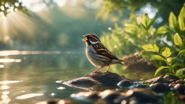 A small brown sparrow perched on a branch over the water in a spring garden, surrounded by nature and wildlife