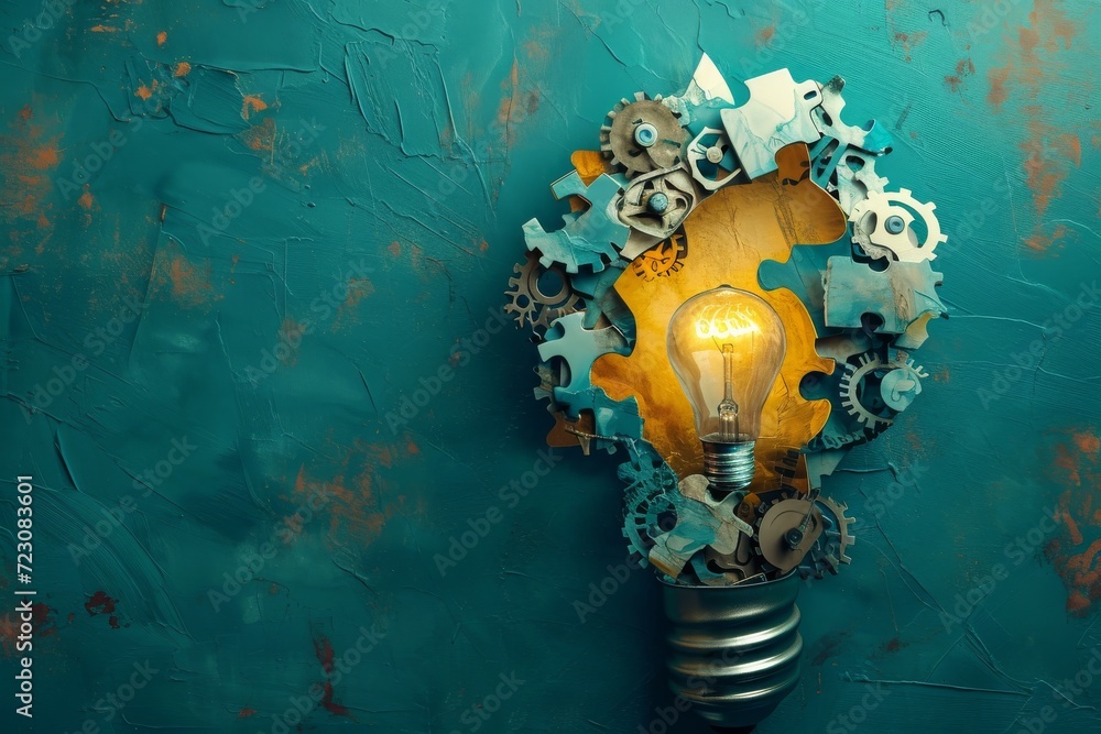 Poster light bulb with gears in front of green coloured background