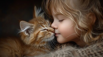 little girl hugging and kissing her cat