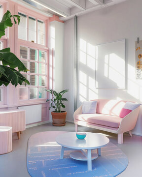A colorful pink blue pastel home warehouse loft interior living room with large framed art print mockup, with large window, sunlight streams in