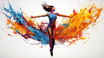 Dancer, illustration and vivid colors. Energetic, expressive and lively portrayal of a dancer, radiating vibrance and vitality through a spectrum of vivid colors. A mesmerising visual celebration. - obrazy, fototapety, plakaty