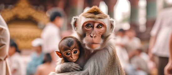 Mother with baby monkey - obrazy, fototapety, plakaty