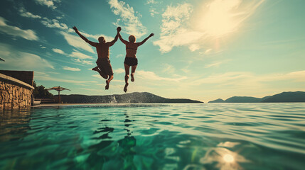 elderly couple jumping in the swimming pool,ai