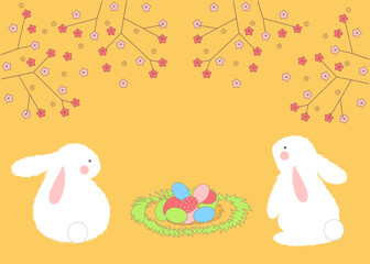 White fluffy Easter bunnies with eggs on hay sitting under a flowering tree. Spring Easter illustration on bright yellow background. Spring arrival concept 2024. vector illustration eps10. 