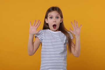 Portrait of surprised girl on yellow background
