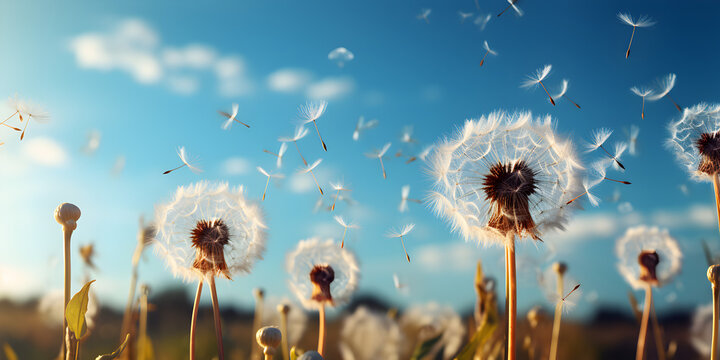 Fototapeta White dandelion puffs flying to blue sky