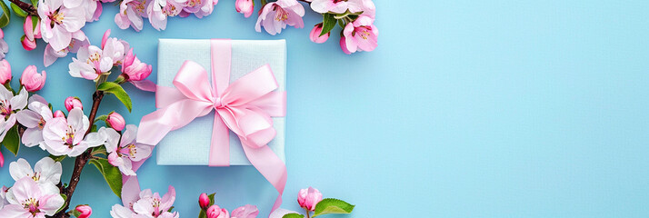 Gift box with pink ribbon and spring cherry blossoms on a blue background. Layout, top view. Banner, card, cover with place for text
