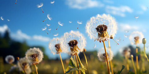 White dandelion puffs flying to blue sky