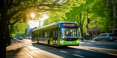Modern electric bus gliding through sunlit city street at dawn