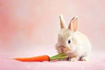 peach fuzz baby Rabbit with Fresh carrot on light gradient background